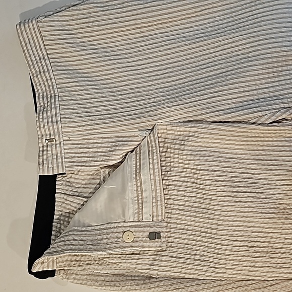 Zara Pants Trouser Slacks Seersucker Stripe Mid-Rise Stretch White Tan Ankle M - Picture 7 of 14